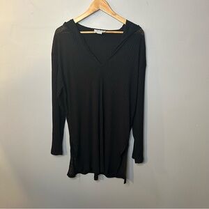 Black Long Sleeve Hooded Gauzey Tunic Style Top Large
